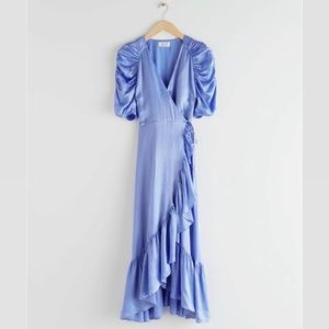 Puff Sleeve Ruffle Wrap Midi Dress